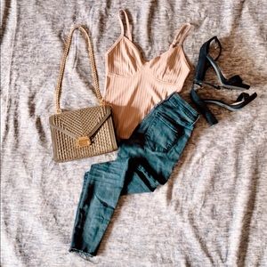 Ribbed tan skinny strap bodysuit